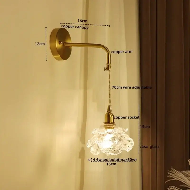 Modern brass flower glass led wall sconce with clear glass shade and adjustable copper arm for bedroom decorbites led wall fixture