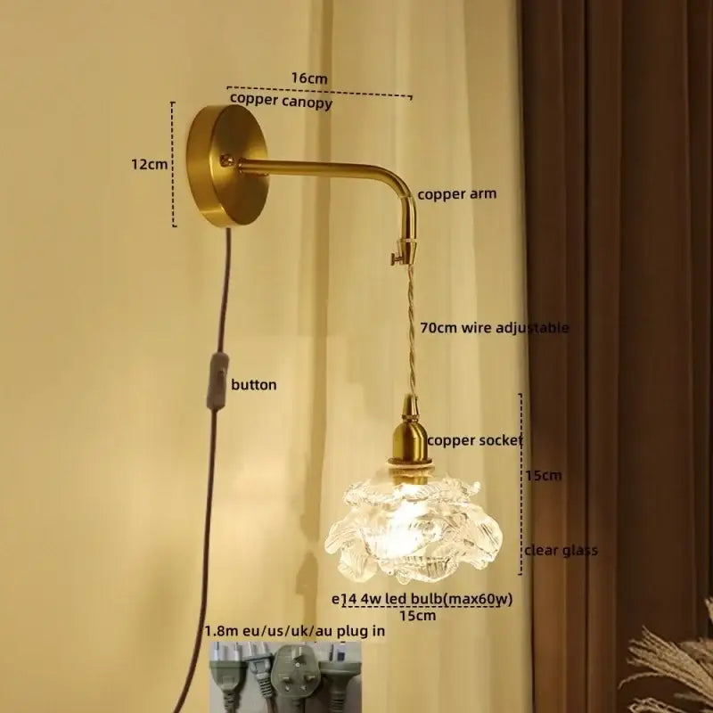 Modern brass flower glass led wall sconce with vintage copper finish and clear flower-shaped shade, decorbites led wall fixture