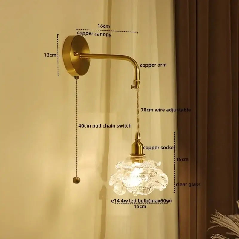 Modern brass flower glass led wall sconce with vintage copper finish clear faceted shade and adjustable 70cm wire decorbites led wall