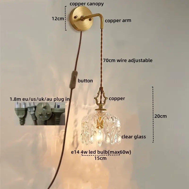 Antique brass-finished copper wall sconce with dangling crystal glass pendant and adjustable 70cm wire for decorbites led wall use
