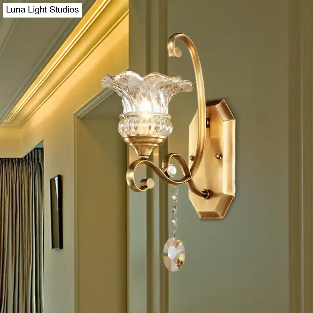 Modern brass flower sconce wall lamp with gold-toned light fixture crystal shade for bedroom lighting