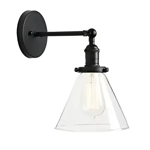 Black wrought iron wall lamp with clear conical glass shade and exposed filament bulb for decorbites funnel glass wall lighting