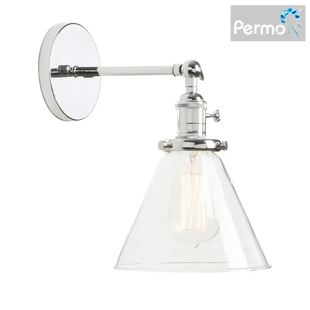 Modern brass funnel glass wall lamp with chrome finish clear conical shade and exposed filament bulb for bedroom lighting