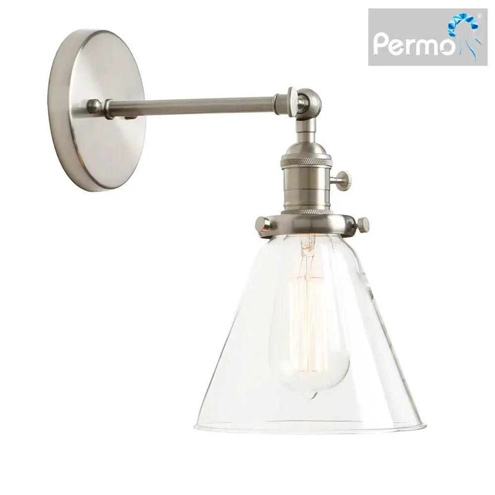 Permo wall lamp with brushed nickel finish and clear glass conical shade for modern decorbites funnel glass wall lighting