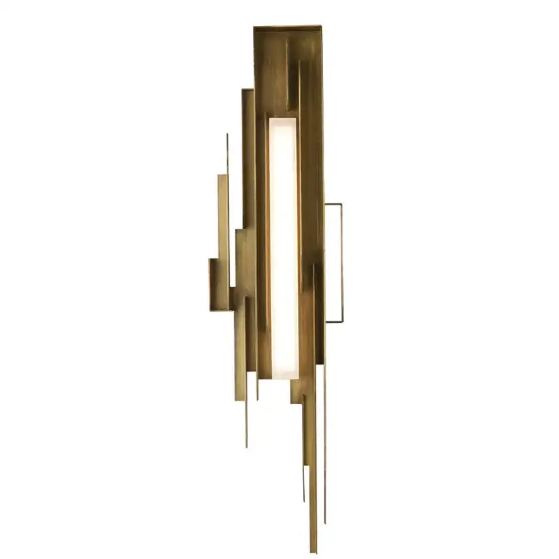 Modern brass wall lamp with geometric layered rectangular panels and central illuminated light strip for elegant wall decor