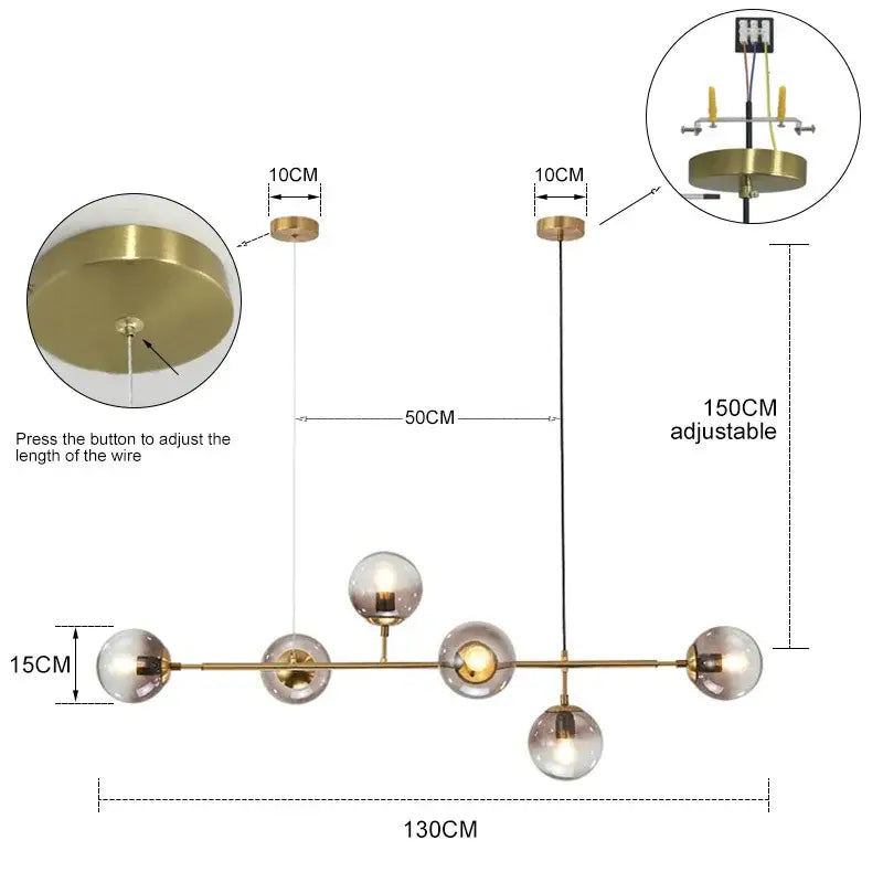 Modern brass glass ball chandelier with five frosted glass globe bulbs on a horizontal bar for living room decorbites brass glass