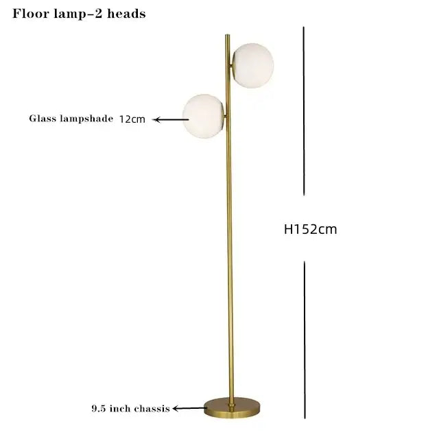 Gold-finished floor lamp with two white glass ball shades modern brass glass ball floor lamp for bedroom and study decorbites glass ball