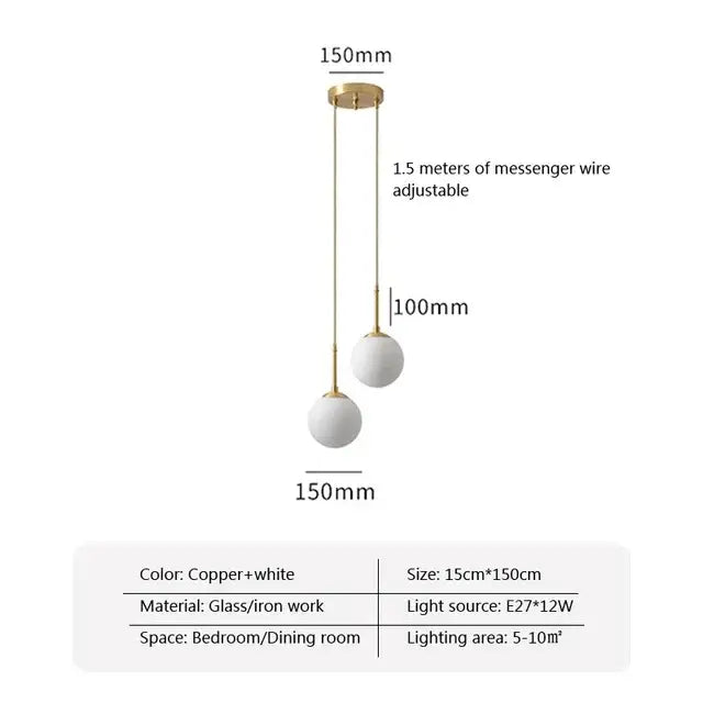 Modern brass glass ball led chandelier featuring gold-toned pendant light with two white glass spheres on adjustable wire