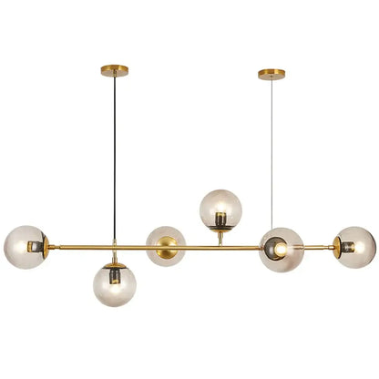 Modern brass glass ball led chandelier with five frosted glass globe bulbs suspended by black cords for dining room decorbites ball led chandelier