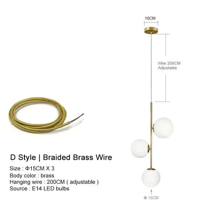 Modern brass glass ball led chandelier with three white globes and adjustable braided brass wire for dining room decorbites glass ball led
