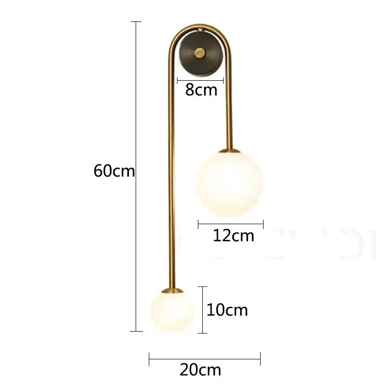 Modern brass glass ball led wall light with gold-toned sconce and two spherical glass shades for bedroom decorbites wall light