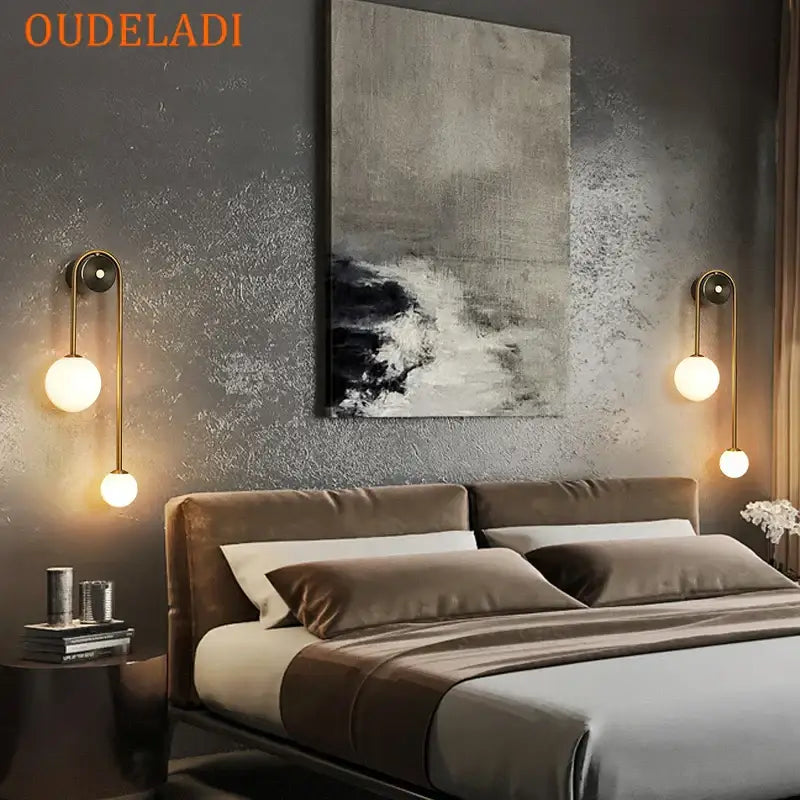 Modern brass glass ball led wall light with gold-toned spherical frosted glass shades for bedroom wall light decorbites glass ball