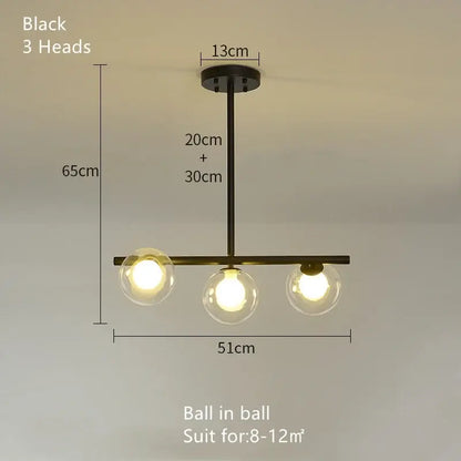 Black three-head modern metal frame pendant light with clear glass globe bulbs for decorbites glass ball pendant chandelier