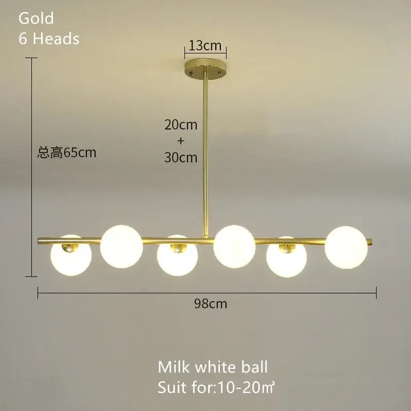 Modern brass glass ball pendant chandelier with six milk white spherical bulbs for dining room decorbites glass ball