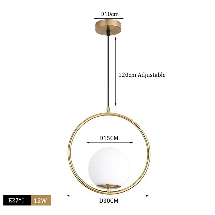 Modern brass glass ball pendant lights with a gold-toned circular frame and white glass ball pendant for kitchen decorbites
