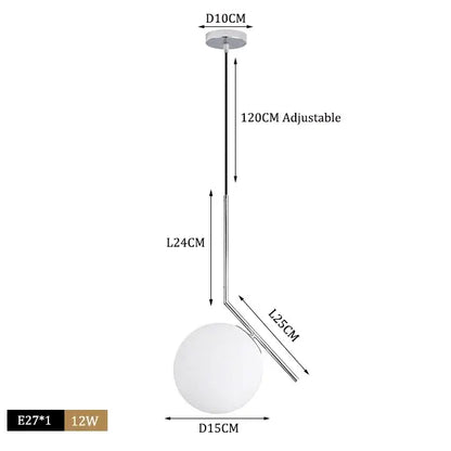 Modern brass glass ball pendant lights featuring a frosted glass ball pendant with chrome metal rod for kitchen decorbites