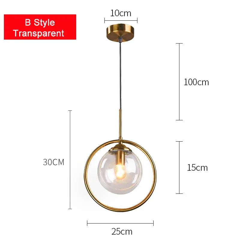 Modern brass glass ball pendant set featuring a gold-toned decorbites glass ball pendant with transparent globe lighting