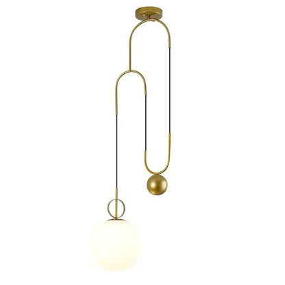 Modern brass glass ball pulley pendant light with gold-toned curved metal frame and opaque white glass globe shade for dining room decorbites pendant light