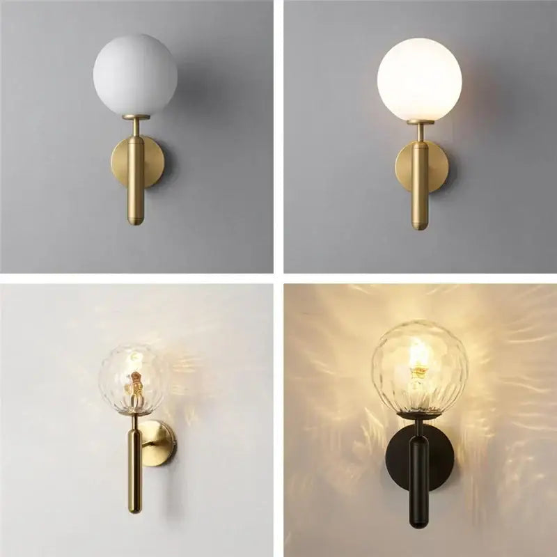 Modern brass glass ball wall lamp with opaque and clear textured glass globe for elegant bedroom decorbites wall lamp