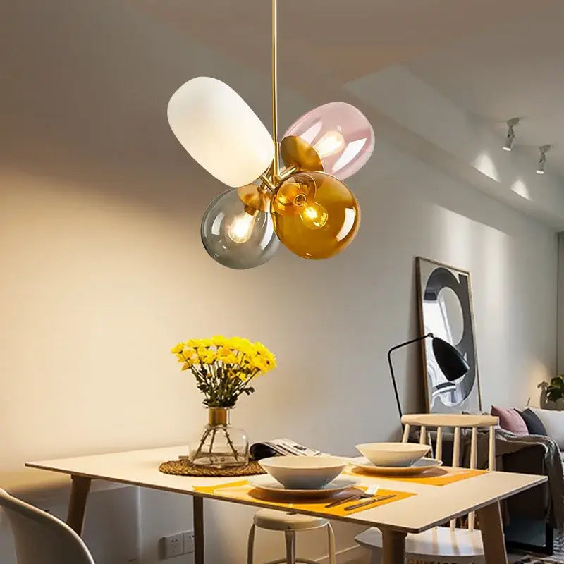 Modern brass glass balloon chandelier pendant light with four colorful translucent glass globes by decorbites glass balloon