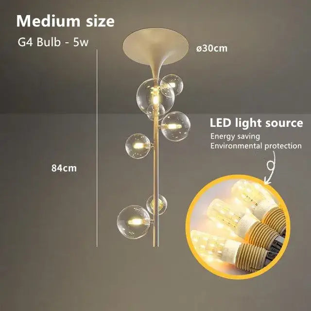 Modern brass glass bubble pendant light with five clear glass globe bulbs and a flared top fixture for dining room decor