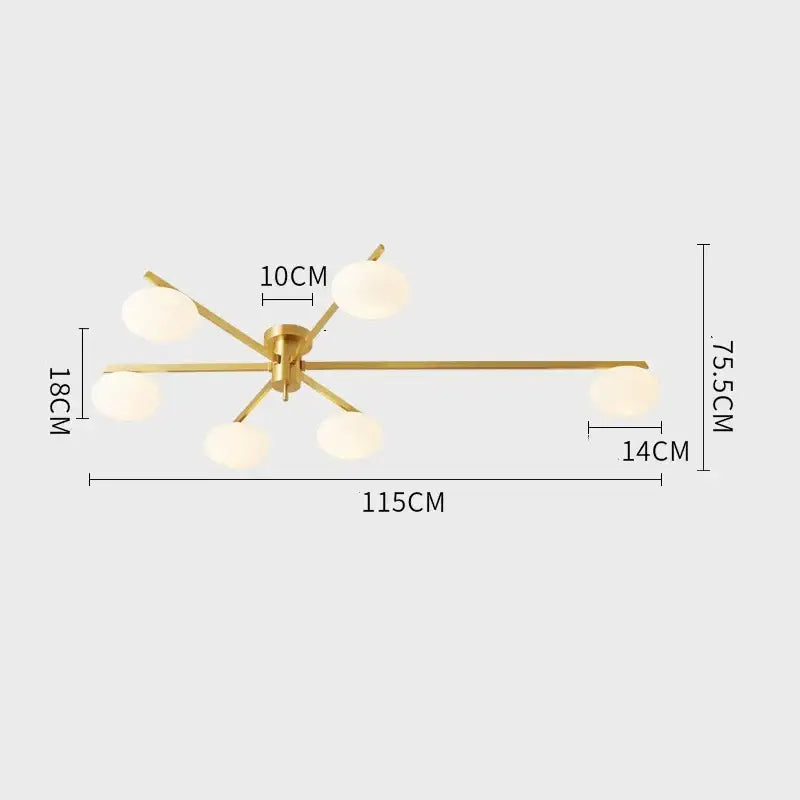 Modern brass glass ceiling lamp featuring six frosted globes in a gold-toned decorbites brass glass design for living room