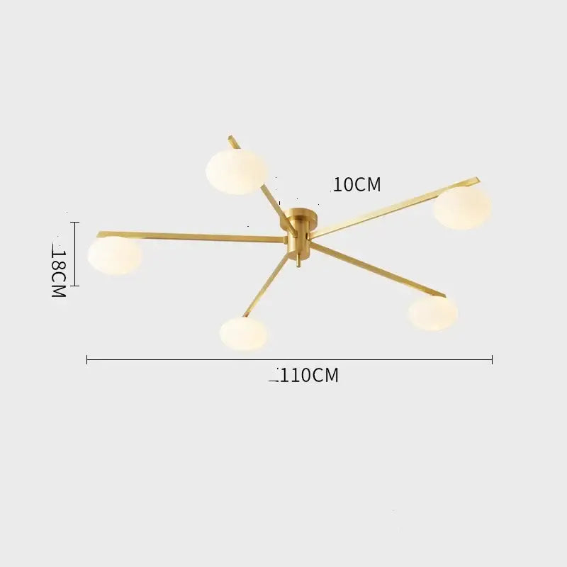 Modern brass glass ceiling lamp with five frosted globes and gold-toned slender arms for living room decorbites brass glass