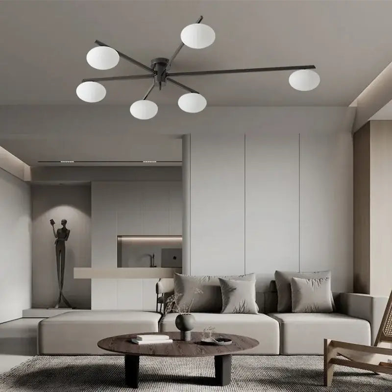 Modern black metal ceiling fixture with six frosted white globes for living room decorbites brass glass ceiling lamp