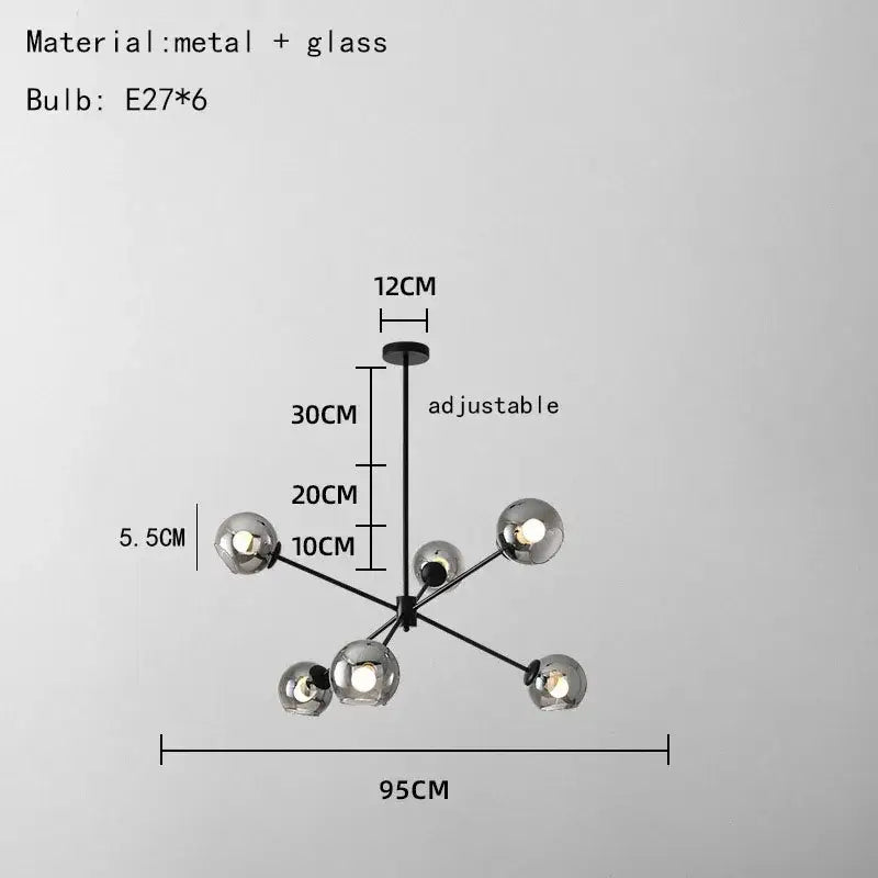 Modern black metal and glass chandelier with six spherical bulbs featuring clear glass shades for living spaces