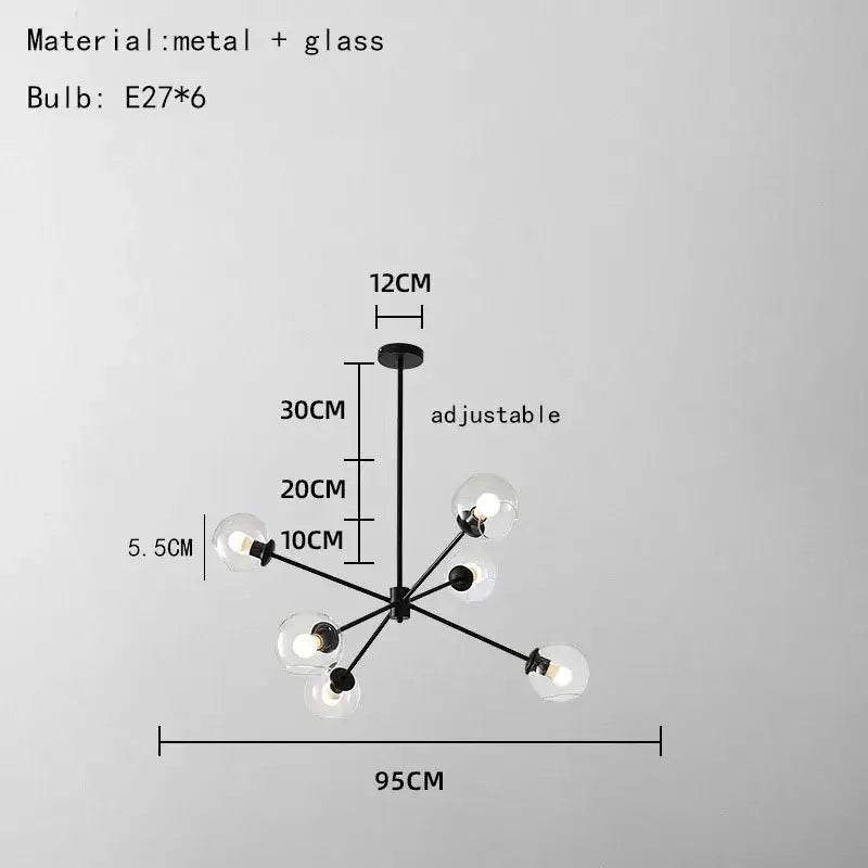 Modern black metal and glass chandelier with six exposed bulbs and clear glass shades for living spaces