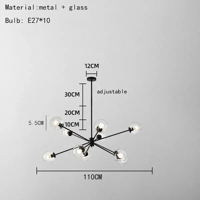 Modern brass glass chandelier with clear glass shades and ten spherical bulbs for elegant living spaces lighting