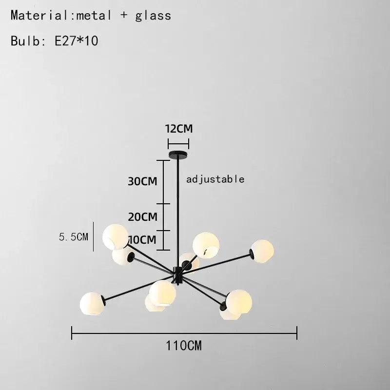Modern black metal and glass chandelier with ten frosted globe bulbs featuring clear glass shades for living spaces