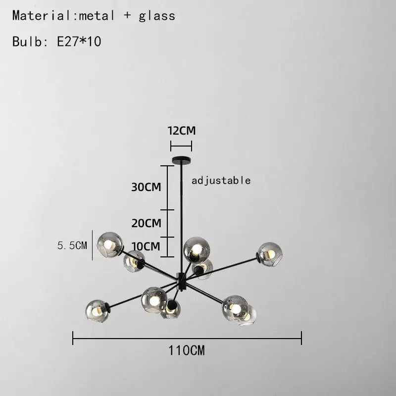 Modern black metal and glass chandelier with ten spherical bulbs featuring clear glass shades for living spaces