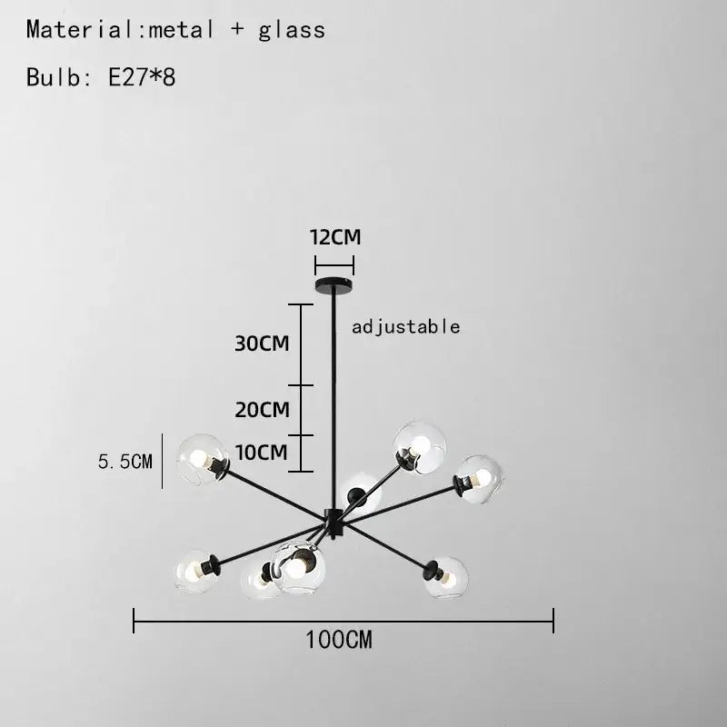 Modern black metal and glass chandelier with eight clear glass shades ideal for brightening living spaces