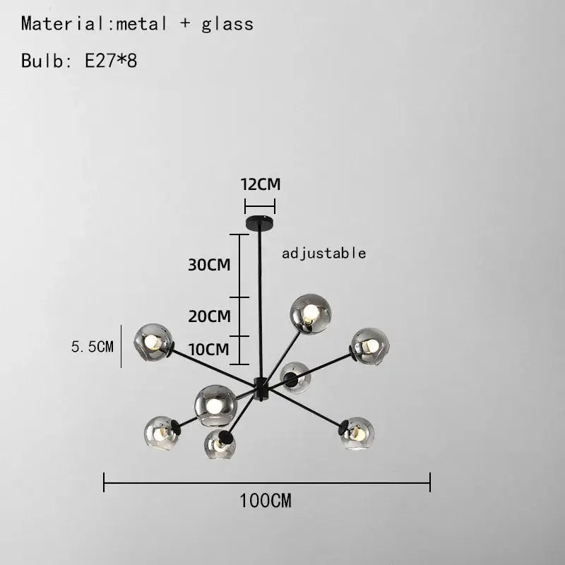 Modern black metal glass chandelier with eight reflective clear glass shades ideal for living spaces and dining rooms