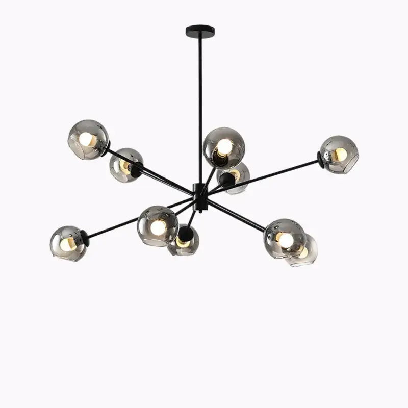 Modern black metal glass chandelier with multiple spherical clear glass shades for elegant living spaces and dining rooms
