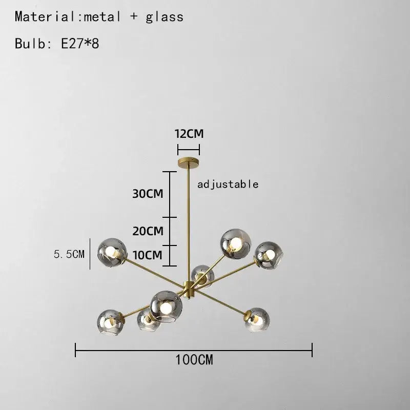 Modern brass glass chandelier with clear glass shades and eight spherical bulbs for elegant living spaces lighting