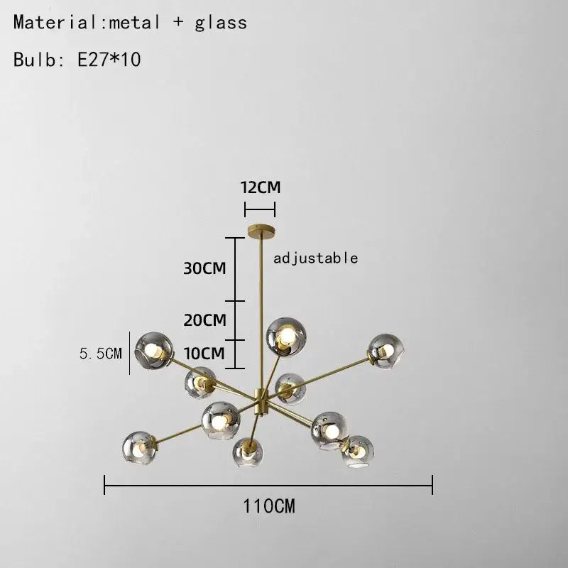 Modern brass glass chandelier with gold-toned metal and clear glass shades for elegant dining room and living spaces lighting