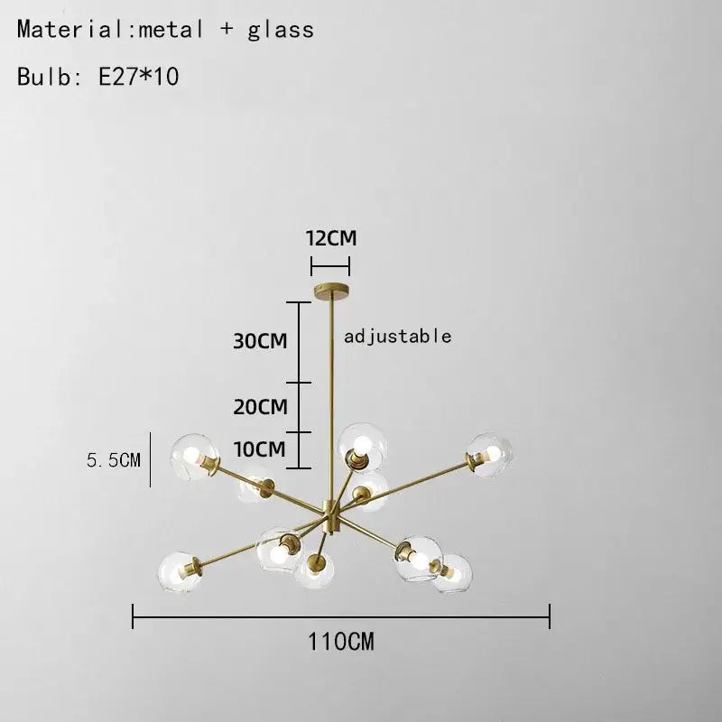 Modern brass glass chandelier with gold-toned metal and clear glass shades ideal for dining room and living spaces lighting