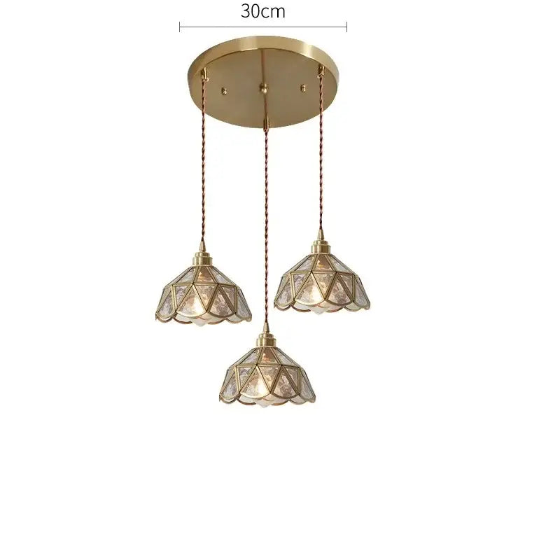Modern brass glass copper led pendant lights with three faceted glass shades and braided cord for dining room use