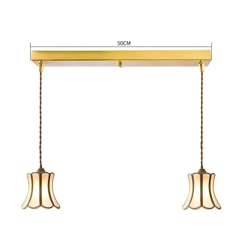 Modern brass glass copper led pendant lights with gold-toned rectangular frame and two fluted glass copper led pendant shades