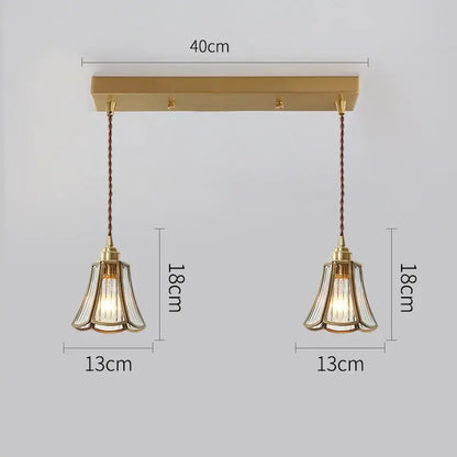 Modern brass pendant lights with gold-toned rectangular fixture and fluted glass copper led lampshades for dining room