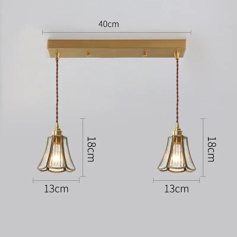 Modern brass pendant lights with gold-toned rectangular fixture and fluted glass copper led lampshades for dining room