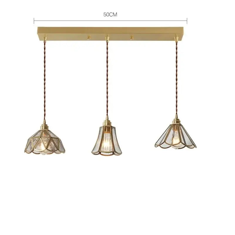 Modern brass glass copper led pendant lights with three bell-shaped handcrafted glass shades and twisted copper cords