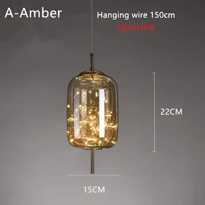 Modern brass glass cord pendant light with amber glass, warm fairy lights, and sleek iron finish hanging wire