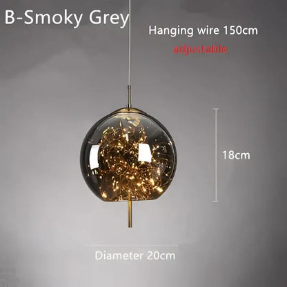 Modern brass glass cord pendant light with b-smoky grey glass globe housing warm led filament bulbs and brass accents