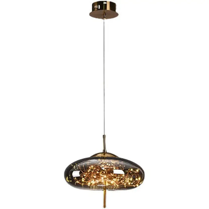 Modern brass glass cord pendant light with dark smoked glass shade and iron finish brass hardware for dining room use