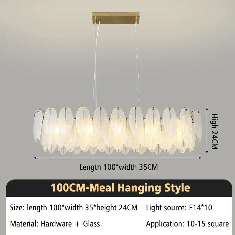 Modern brass glass feather chandelier with translucent white glass feather shades in a circular pattern for dining room