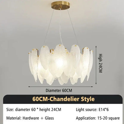 Modern brass glass feather chandelier with translucent white glass feather shades and gold metal mount for dining room