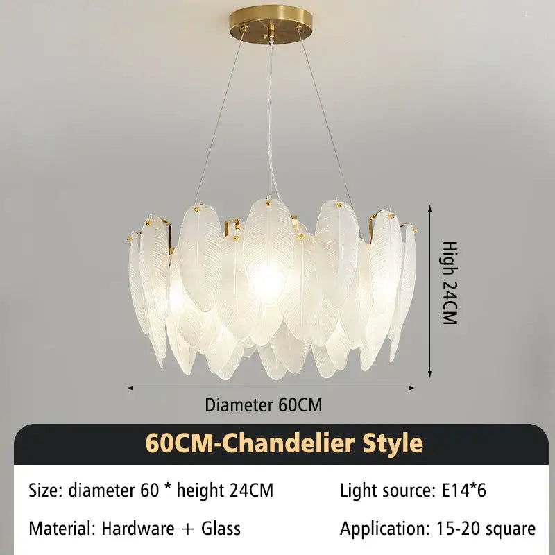 Modern brass glass feather chandelier with translucent white glass feather shades and gold metal mount for dining room